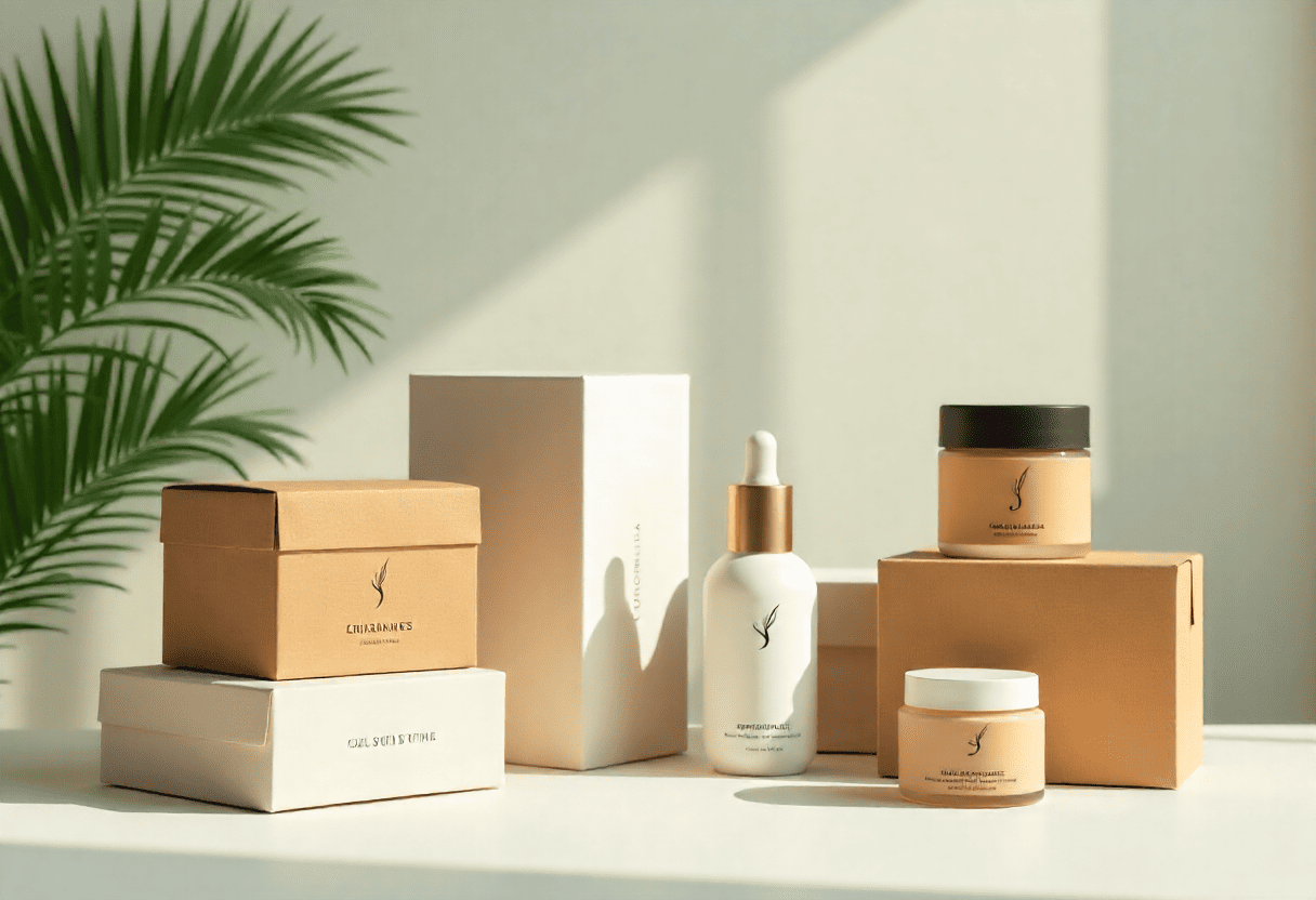 Moderne productverpakkingen met een goede branding op elkaar gestapeld